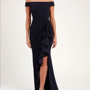 Mila Navy Blue Ruffled Off-the-Shoulder Maxi Dress